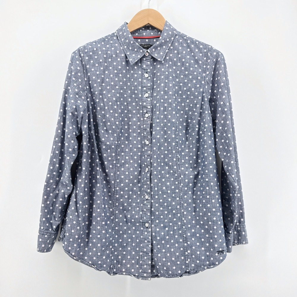 Talbots Woman 14w Polka Dot Chambray Shirt Blue White 100% Cotton Roll Tabs